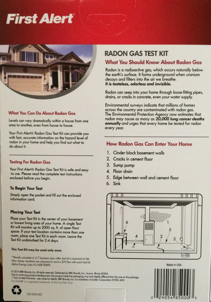 Back of the Radon Gas Test Kit